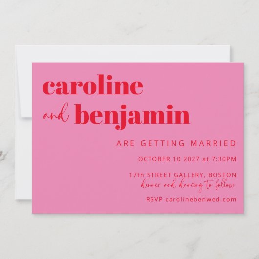 明はっきりしたるいピンクと赤シックモダン結婚ズ 招待状 (正面)