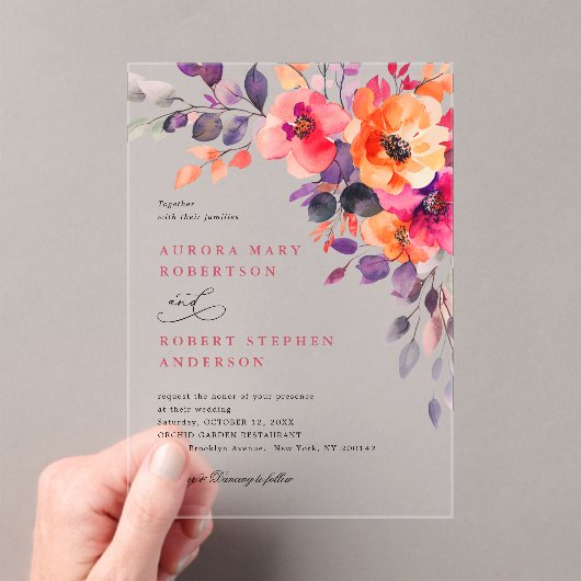 明はっきりしたるいピンクのオレンジ色のフローラ結婚 アクリル招待状 (インサイチュ (ポータブル))