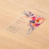 明はっきりしたるいピンクのオレンジ色のフローラ結婚 アクリル招待状 (レイダウン)