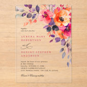 明はっきりしたるいピンクのオレンジ色のフローラ結婚 アクリル招待状 (正面)