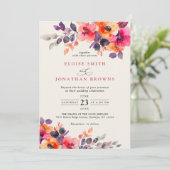 明はっきりしたるいピンクのオレンジ色のフローラ結婚 招待状 (スタンド正面)