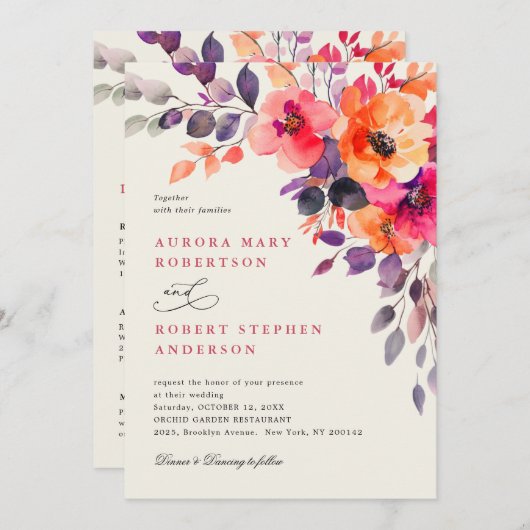 明はっきりしたるいピンクのオレンジ色の水の詳細結婚 招待状 (正面/裏面)