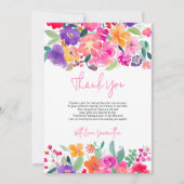 明はっきりしたるいピンクのフローラ水色ブライダルシャワー サンキューカード (正面)