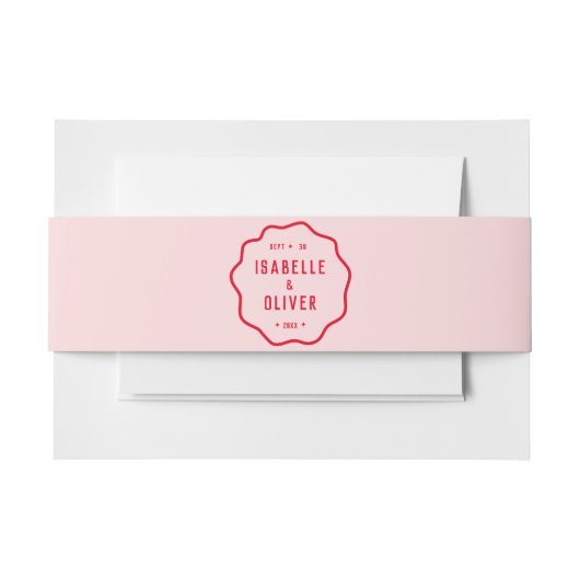 明はっきりしたるいピンクの赤い正方形のレトロの結婚波 招待状ベリーバンド (正面例)