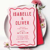 明はっきりしたるいピンクの赤い正方形のレトロの結婚波 招待状