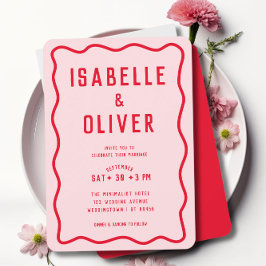 明はっきりしたるいピンクの赤い正方形のレトロの結婚波 招待状