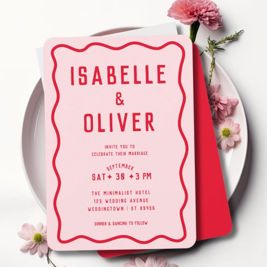 明はっきりしたるいピンクの赤い正方形のレトロの結婚波 招待状