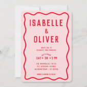 明はっきりしたるいピンクの赤い正方形のレトロの結婚波 招待状 (正面)