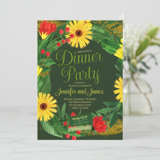 明はっきりしたるい緑の赤い黄色の花ディナーパーティー 招待状 (スタンド正面)