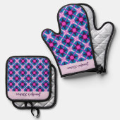 明はっきりしたるい色，ピンク，紫の青 鍋つかみ&鍋敷きセット (正面/裏面)