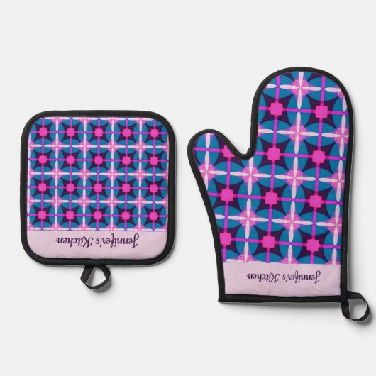 明はっきりしたるい色，ピンク，紫の青 鍋つかみ&鍋敷きセット (正面)