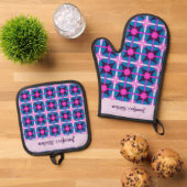 明はっきりしたるい色，ピンク，紫の青 鍋つかみ&鍋敷きセット (トップダウン)