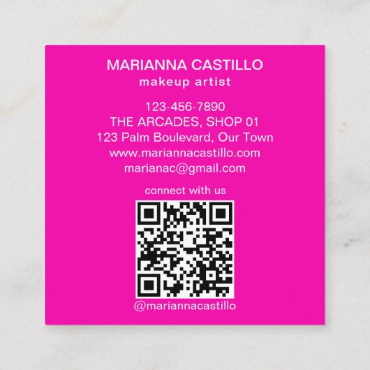 明はっきりしたカラフルユニークピンクテンプレートqr スクエア名刺 (裏面)