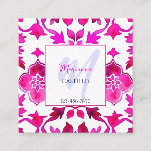 明はっきりしたカラフルユニークピンクテンプレートqr スクエア名刺 (正面)
