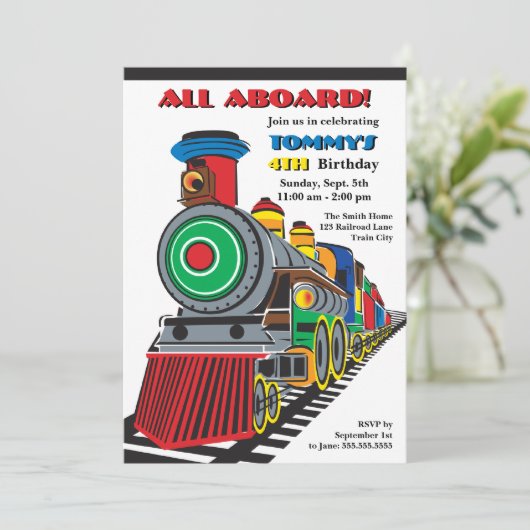 明るいおもしろいの子供の列車の招待状 招待状 (スタンド正面)