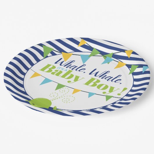 明るいおもしろいタイポグラフィかわいいホエールボーイ赤ちゃんシャワー ペーパープレート (アングル)