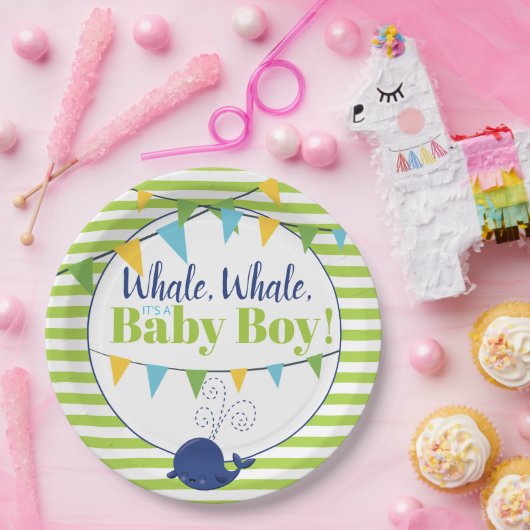 明るいおもしろいタイポグラフィかわいいホエールボーイ赤ちゃんシャワー ペーパープレート (パーティー)