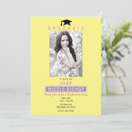 明るいおもしろい紫色の黄色の卒業写真パーティー 招待状 (スタンド正面)