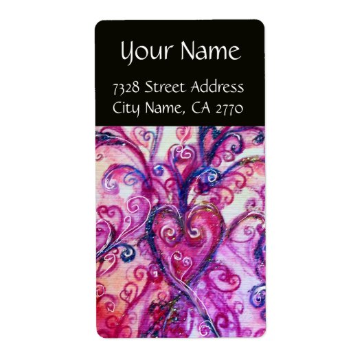 明るいお洒落ピンク色の紫の黒が輝く ラベル (正面)