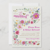 明るいお洒落ワイルドフラワー牧草地ウェディングパーティー 招待状 (正面)