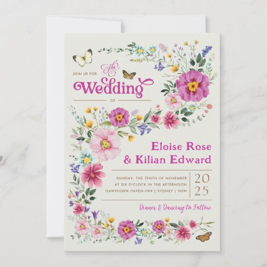 明るいお洒落ワイルドフラワー牧草地ウェディングパーティー 招待状 (正面)