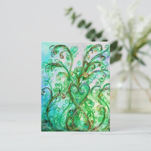 明るいお洒落緑の青い白が咲く ポストカード (スタンド正面)