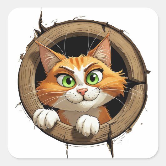 明るいお洒落緑色の目を持つ漫画の猫 スクエアシール (正面)