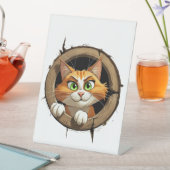 明るいお洒落緑色の目を持つ漫画の猫 台座サイン (インサイチュ)