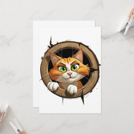 明るいお洒落緑色の目を持つ漫画の猫 招待状 (正面/裏面インサイチュ)