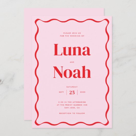 明るいはっきりしたとピンクと赤結婚の 招待状 (正面/裏面)