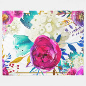 明るいはっきりしたカラフルフローラモダンボタニカルシック フリースブランケット (正面(横))