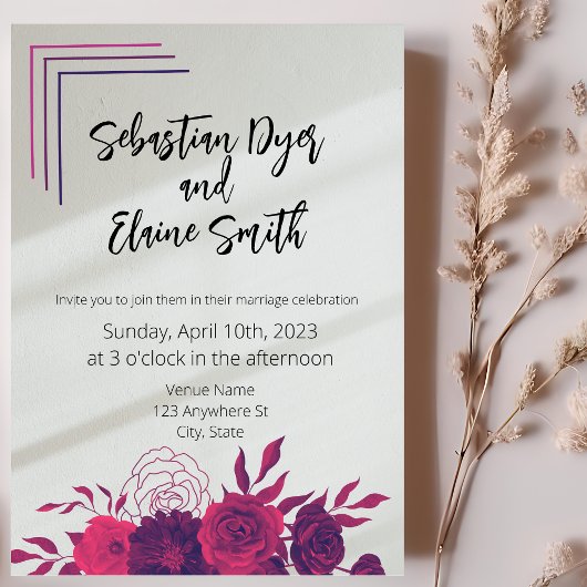 明るいはっきりしたピンクと紫のフローラサンライ結婚ト 招待状