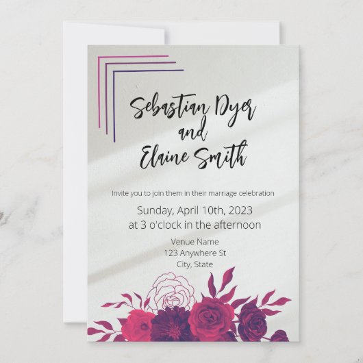 明るいはっきりしたピンクと紫のフローラサンライ結婚ト 招待状 (正面)
