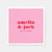 明るいはっきりしたピンクと赤のモノグラモダンム結婚スの スタンダードカクテルナプキン (正面)