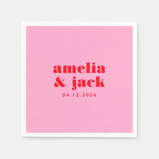 明るいはっきりしたピンクと赤のモノグラモダンム結婚スの スタンダードカクテルナプキン (正面)