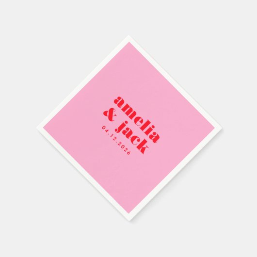 明るいはっきりしたピンクと赤のモノグラモダンム結婚スの スタンダードカクテルナプキン (角)