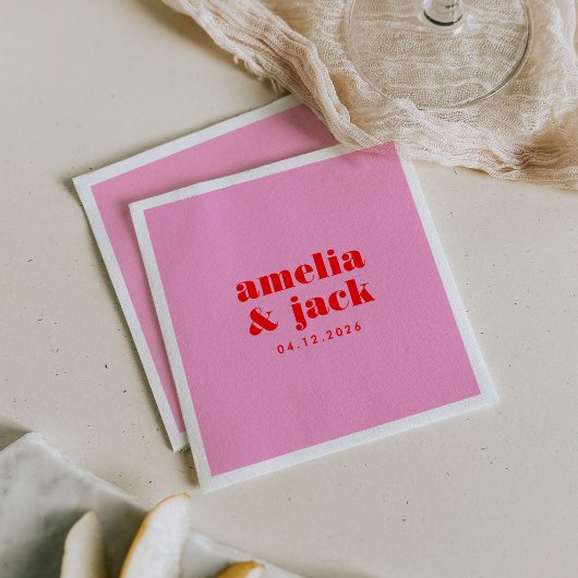 明るいはっきりしたピンクと赤のモノグラモダンム結婚スの スタンダードカクテルナプキン