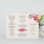 明るいはっきりしたピンクのオレンジの3つ折り結婚式プログラム (スタンド正面)