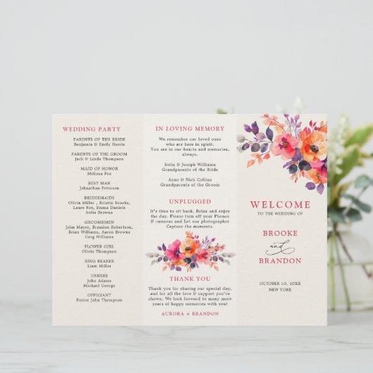 明るいはっきりしたピンクのオレンジの3つ折り結婚式プログラム (スタンド正面)