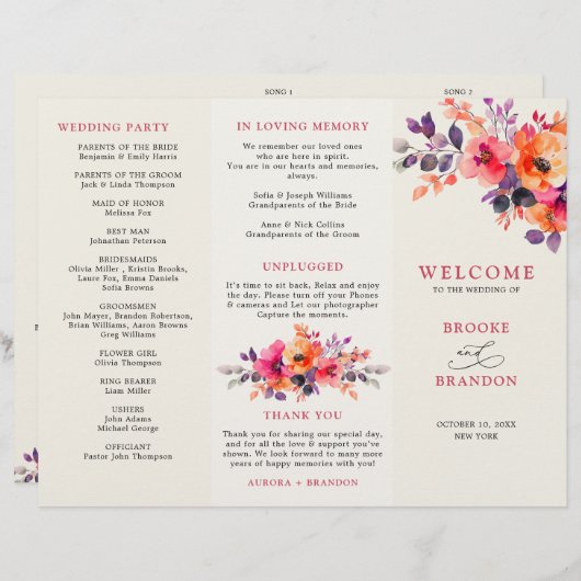 明るいはっきりしたピンクのオレンジの3つ折り結婚式プログラム (正面/裏面)