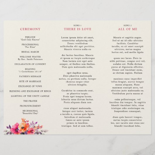 明るいはっきりしたピンクのオレンジの3つ折り結婚式プログラム (裏面)