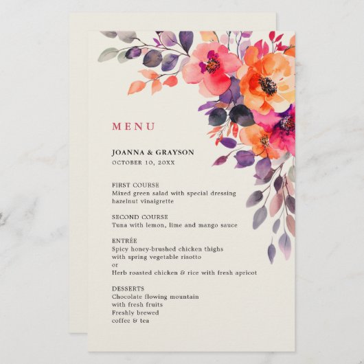 明るいはっきりしたピンクのオレンジ色のウォーター結婚のメニュー (正面/裏面)