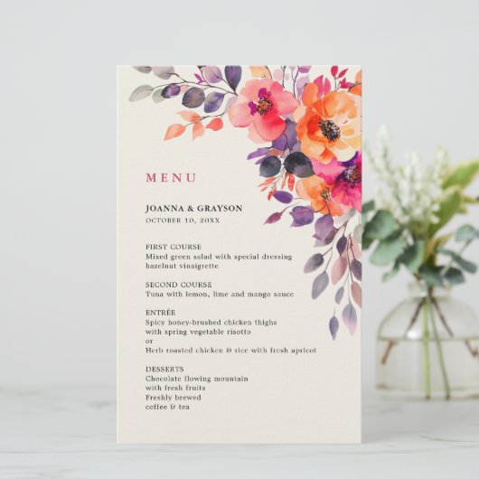 明るいはっきりしたピンクのオレンジ色のウォーター結婚のメニュー (スタンド正面)