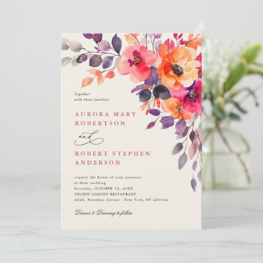 明るいはっきりしたピンクのオレンジ色の水色エレガントな結婚式 招待状 (スタンド正面)