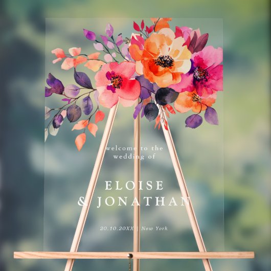 明るいはっきりしたピンクのオレンジ色の水色フローラへようこそ アクリルサイン (ニュートラル)