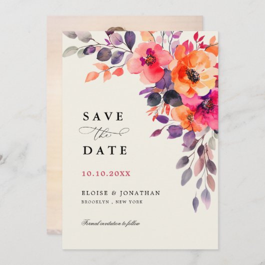 明るいはっきりしたピンクのオレンジ色の水色フローラ写真 セーブザデート (正面/裏面)