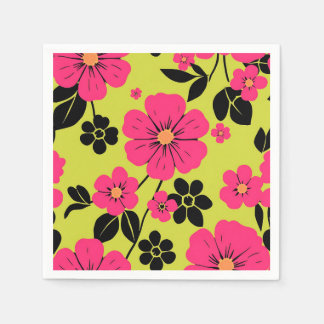 明るいはっきりしたピンクのレトロフローラルパターン スタンダードカクテルナプキン