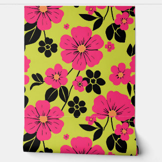 明るいはっきりしたピンクのレトロフローラルパターン 壁紙