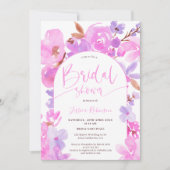 明るいはっきりしたピンクの紫のフローラブライダルシャワー 招待状 (正面)