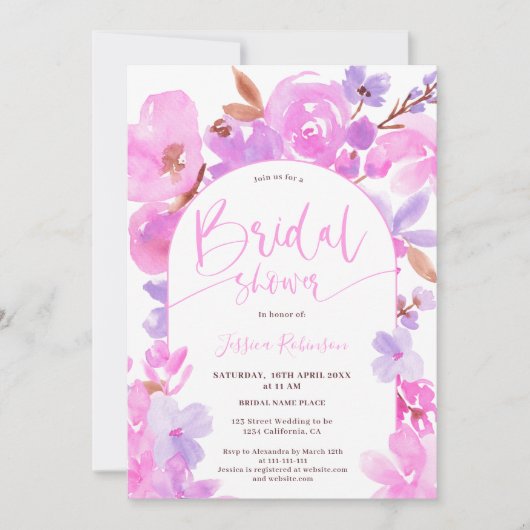 明るいはっきりしたピンクの紫のフローラブライダルシャワー 招待状 (正面)